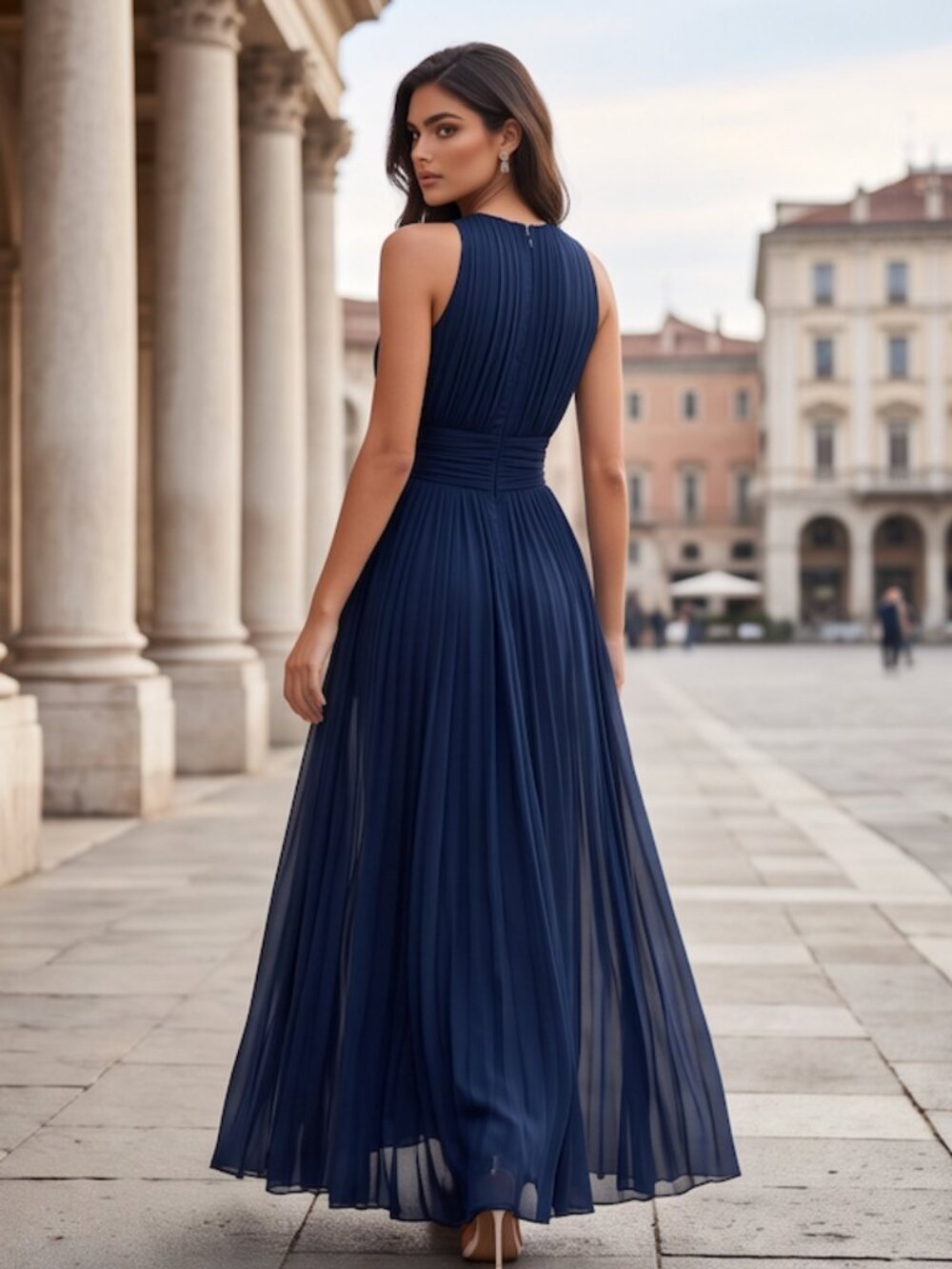 Navy Blue Sleeveless Pleated Chiffon Maxi Evening Dress - Picture 4 of 7